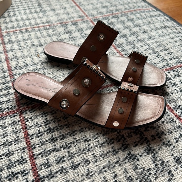 LOLA CRUZ Brown Leather Studded Crystal Slide Sandals Women 8 - Picture 3 of 5
